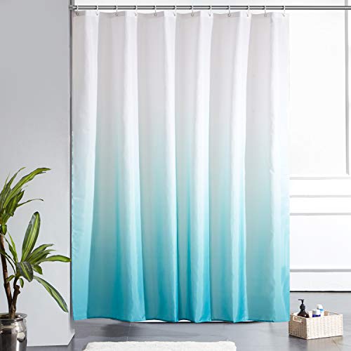 Furlinic 180x180cm Duschvorhang Anti-schimmel für Badewanne in Badezimmer Textile Gardinen aus Stoff Wasserdicht Waschbar Weiß nach Aquamarine mit 12 Duschvorhangringe.