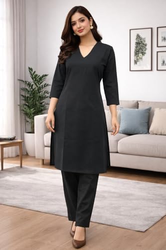 Image of JAIPUR HAND BLOCK Women's Cotton plain Straight Salwar Suit | V-Neck | 3 /4th Sleeve | Regular Fit | Daily, Office & Ethnic Wear(ST00125-V-NEW)