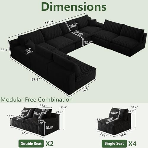 Image of 136 inch Cloud Couch Modular Sectional Sofa for Living Room, U-Shape Boneless Couch with Deep Seat, Modern Corduroy 8-Seater, No Assembly Required, Black