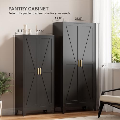 Image of Farmhouse Pantry Cabinet with Barn Doors, 71 inch H x 31.5 inch W, 5-Tier Metal Storage Cabinet with 4 Adjustable Shelves for Kitchen Garage Dining Room, Black 1 Pack