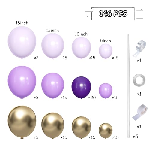 Image of MEBAY Grey Violet Maca Purple Gold Balloons Garland Arch Kit, 146Pcs Latex Balloons Different Sizes 18 12 10 5 Inch for Party Decoration Birthday Wedding Engagements Anniversary Baby Shower