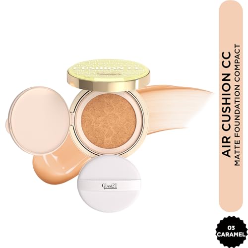 Image of Glam21 Air Cushion CC Matte Foundation Compact | High Coverage Lightweight Foundation for Indian Skin | Long Lasting, Oil Control, Smooth Airbrushed Finish | Travel Friendly Cushion Compact- 11gm (Caramel-03)