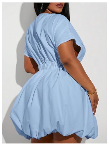 Image of WDIRARA Women's Plus Size Deep V Neck Bubble Dress Short Sleeve A Line Mini Dresses