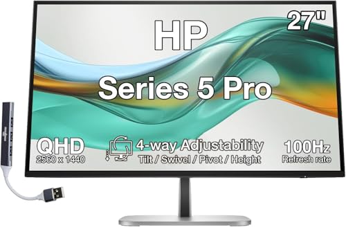 Image of HP Series 5 Pro 27 inch Inch QHD USB-C Docking Monitor | 4-Way adjustability Tilt /Swivel /Pivot /Height, VESA Mount, Displayport, Black /Silver, W /DKZ Hub