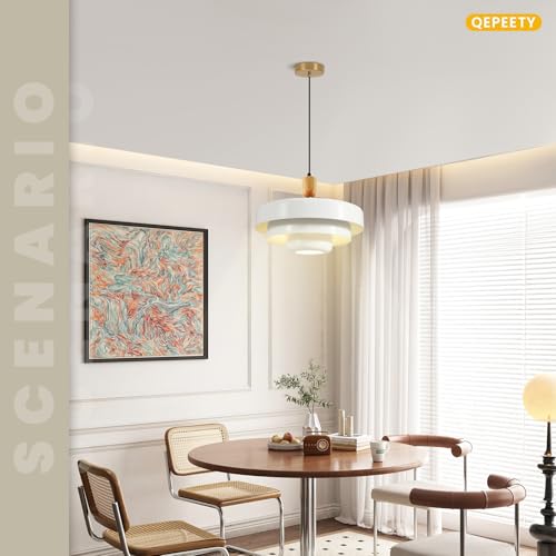 Image of Scandinavian White Adjustable Pendant Light, Wood Accent Minimalist Hanging Lamp for Modern Apartment, Kitchen Island, Dining Room, Breakfast Nook
