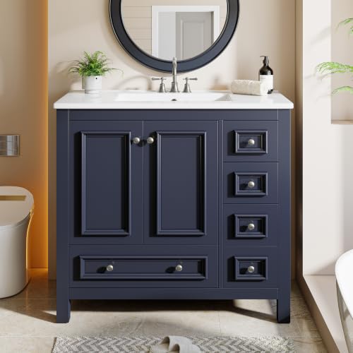 Image of Tribesigns 36 inch Bathroom Vanity with Sink, Freestanding Bathroom Vanities Cabinet with Ceramic Basin Combo, Bathroom Sink Cabinet with 2 Doors and 1 Drawer, Solid Wooden Frame (Navy Blue, 36 INCH)