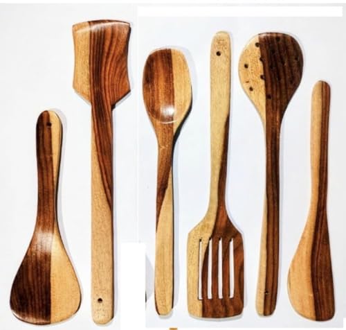 Image of Green Wood Traditional Wooden Kitchen Utensil Set, 7 Piece, Medium, Hand Wash Recommended, 30cm