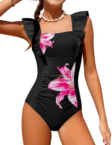 Image of NECIOUS Girls Swimsuit Ruffle Adjustable Straps One Piece Bathing Suit Solid Color Ruched Girls' Swimwear 9-16Y