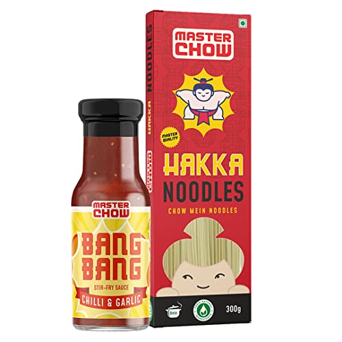 Image of MasterChow Chilli Garlic Noodle Pack - Hakka Noodles (300G) + Chilli & Garlic Bang Bang (220G) Cooking Sauce | No Artificial Color | Street Style Chowmein | Serves 4-5 Meals, No Artificial Colours
