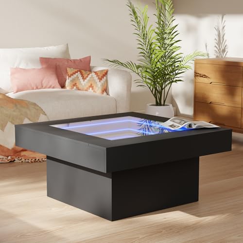 Infinity Mirror Light Coffee Table for Living Room, Rustic Wood LED Coffee Table, Modern Square Center Table with Music Sync Lights (Black, 31.5