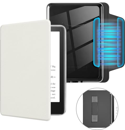 MOROCK Detachable Magnetic Case for 6 Kindle Paperwhite 10th Generation 2018 Release(Model No. PQ94WIF) Slim PU Leather and PC Clear Back Cover with Hand Strap Auto Wake/Sleep White