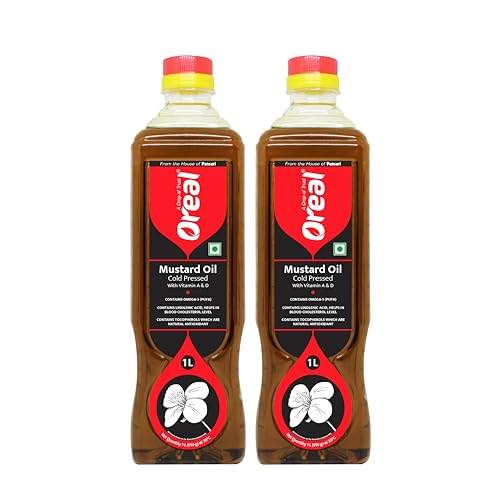 Image of Oreal Premium Kachi Ghani 100% Pure Mustard oil /Sarso Cooking Oil 1 Ltr (Pack of 2)|Good for Bones & Heart|Improve Functioning of Organs