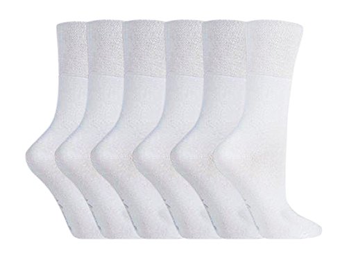 NEW: 6 Pairs Ladies Gentle Grip No Elastic Socks 4-8 uk, 37-42 eur (GG67 WHITE)