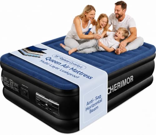 CHERIMOR Queen Air Mattress with Built in Pump, 18' Raised Comfort, Multi-Layer Leakproof, Heavy-Duty Support Blow Up Mattress, 800lbs High Capacity, 3 Min Inflation for Home Camping Guests
