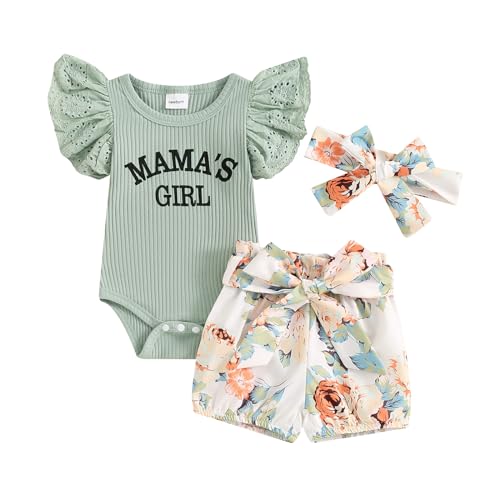 Image of wybzd Hello World Newborn Outfit Baby Girl Going Home Outfit Ruffle Ribbed Romper Top Floral Pants Set Cute Summer Clothes