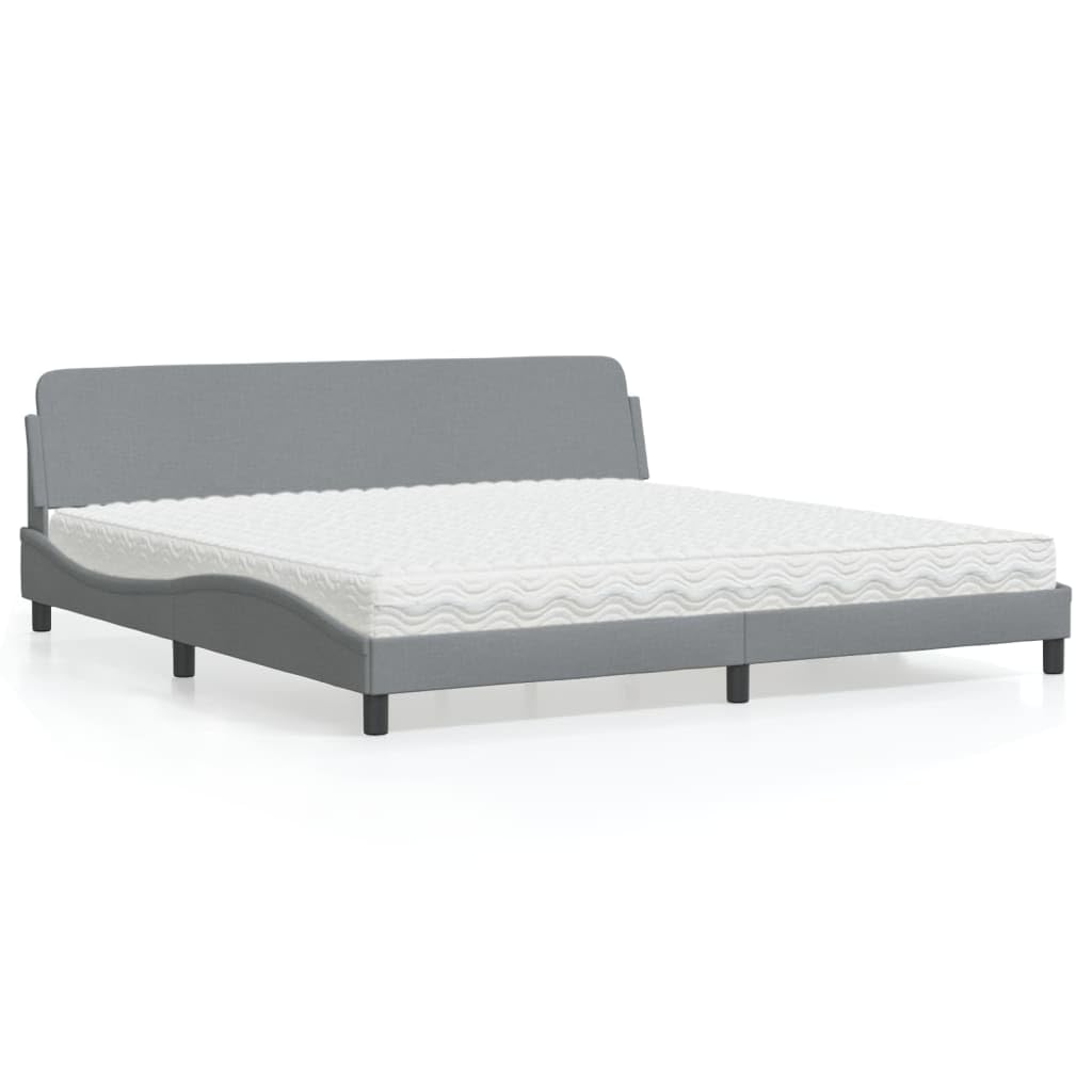 Dover Upholstered Platform Bed with Mattress, Light Gray Fabric 200 x 200 cm, nowoczesny design Wave Durable Metal & Solid Sosna Wood Frame, H2/H3 Foam Mattress Supportive Headboard