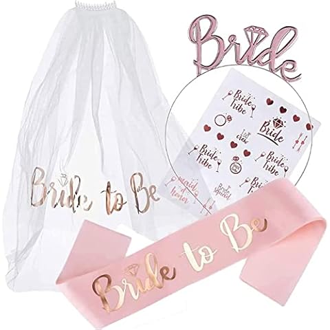 AIBAOBAO Bride to Be Sash, Hen Party Accessories Include Bride Headband Tiara, Veil with Comb, Sash, Tattoos, Bride to Be Gifts Decorations for Wedding, Bridal Shower, Bachelorette Party Cover