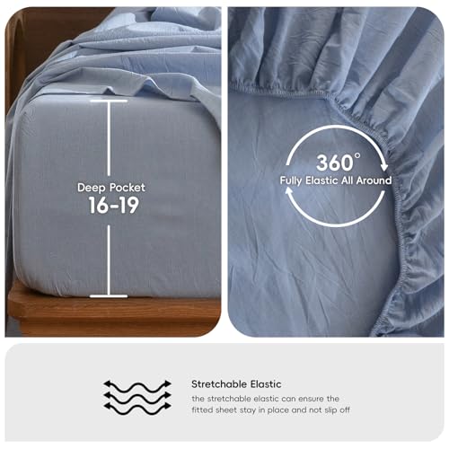 Image of MooMee Sheet Set 100% Washed Cotton Linen-Like Extra Deep Pocket King | Relaxed Linen-like Texture. Soft, Breathable & Lightweight Comfort. 15-19 inch Extra Deep Pocket with All-around Elastic