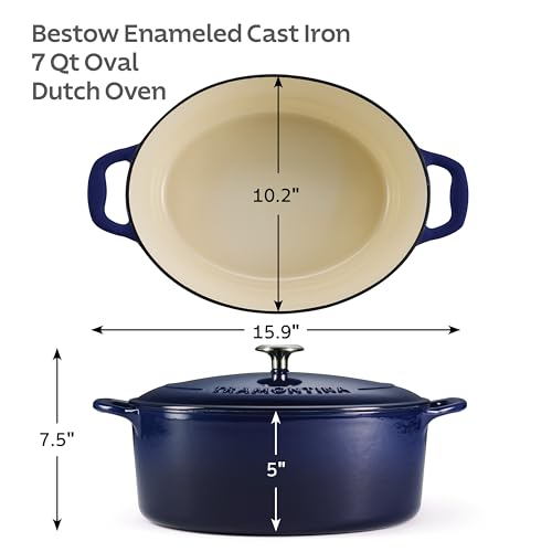 Image of TRAMONTINA Bestow Oval Dutch Oven 6.6L with Lid | Enameled Cast Iron Casserole Pot & Biryani Pot | Even Heat Retention | Low Oil Healthy Cooking | No Seasoning Required | All Cooktops Compatible | Blue