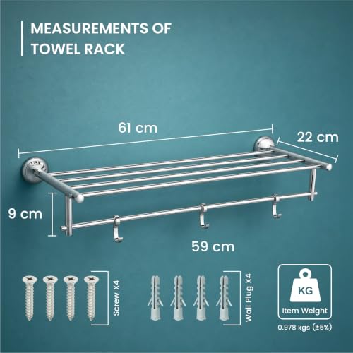 Image of USF Towel Holder for Bathroom Wall, 304 Stainless Steel 24 Inch Towel Rack, Corrosion Resistant Surface, Chrome Finish, 25 Years Warranty, Pack of 1 - Torin