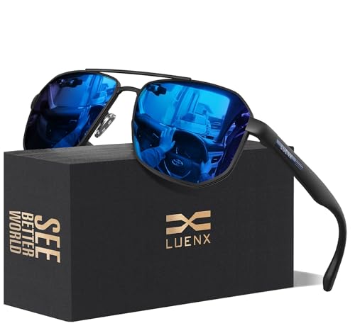 LUENX Aviator Sunglasses for Men Square Polarized Polygon Lens Mirror Dark Blue Lens