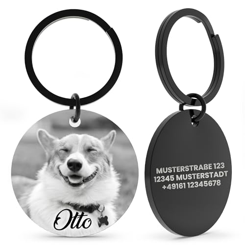 Meinearmbänder Personalisierte Gravierte Hundemarke 30 mm Edelstahlmarke (Schwarz mit Bild) Individuelles Namensschild mit Symbol für Hunde Katzen & Welpen (1)