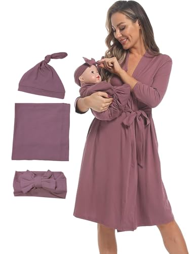 Image of QTECLOR Maternity Robe with Matching Swaddle Blanket Set,Maternity Barhrobe Delivery Labor Robe for Hospital Women Dress