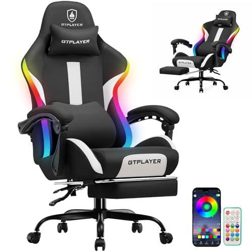 Image of GTPLAYER RGB Gaming Chair with Footrest, LED Lights, Ergonomic Computer Chair with Linkage Armrest, Breathable Fabric for Home Office Desk - Video Game Chairs for Adults, Dim RGB