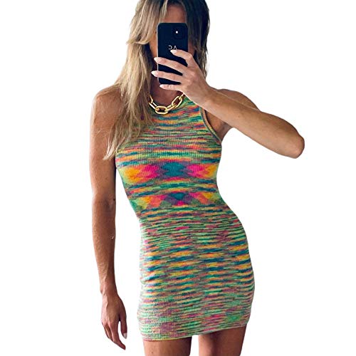 FeMereina Damen Y2K Strickkleid Neckholder Tank Kleid Sexy Ärmellos Figurbetont Knielang Club Bleistiftkleid Gr. 36, Z3