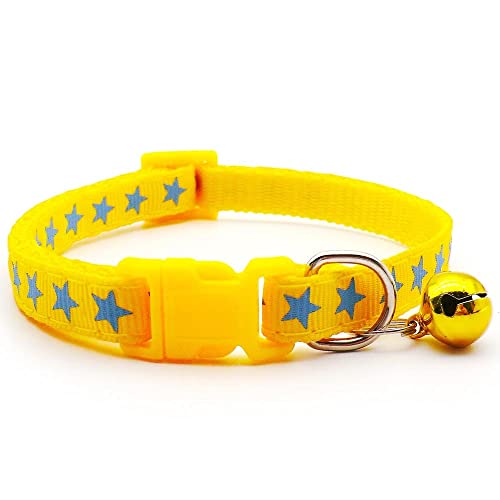 Small Dog Puppy Pet Collar Star Design with Bell Nylon Adjustable Size 19-32cm Yellow - Image 2