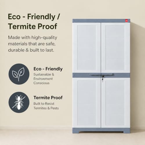 Image of Cello Novelty Big Plastic Cabinet with Dustproof Doors| 3 Year Warranty | Almirah, Cupboard, Wardrobe for Home, Living Room, Bedroom, Kitchen, Office, Outdoor| White & Grey Colour