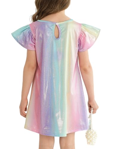 Girls Party Dress Metallic Shiny Sparkly Colorful Flutter Sleeve Swing Midi Prom Dress2