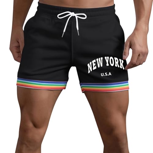 Generico Pantalones cortos de baño para hombre arco iris rayas Patchwork Bermudas playa Casual Classic Verano Stretch Cargo Shorts Ligeros Trabajo Suaves Vintage Deportivos Pride Month LGBTQ