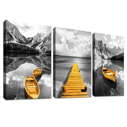 3 Pcs Cadre en Bois Impression sur Toile Gris Or Bateau Tableau Affiche Decoration Murale Montagnes...