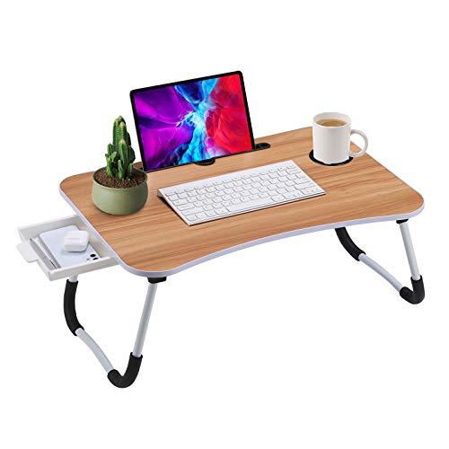Foldable Laptop Wood Bed Desk Stand Storage Drawer, Serving Tray Dining Table Slot, Notebook Holder, Bed Tray Laptop Desk Eating Breakfast, School Study Work, Watching Movie Couch/Sofa/Floor (Wood)