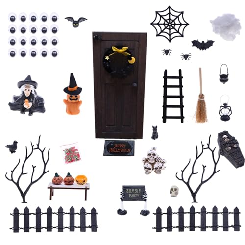 Satiskid Halloween Puppenhaus Kit, Tür, Hexe, Kürbis, Skelett, Spinnennetz, Sarg, Fledermaus Miniatur Figuren, Halloween Mini Fee Garten Dekorationen, Puppenhaus Horror Dekoration Set