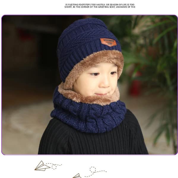 Dressify® (A Grade Cashmere Wool - Imported Soft Warm Snow and Air Proof Fleece Knitted (Inside Soft Fleece) Woolen Beanie Winter Cap with Scarf for Kids Boy's I Girl's Blue Color 2