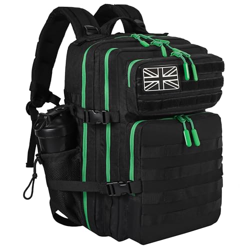 LHI Mochila táctica de estilo militar de 45 l con sistema MOLLE, resistente al agua, para senderismo, supervivencia, camping y actividades al aire libre, Negro con cremallera verde, L, Táctico