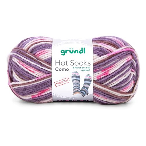 Gründl Hot Socks Como, Sockenwolle 8-fach, Sockengarn 8-fädig, dicke Strumpfwolle musterbildend, Farbverlauf, 150g / 300m (01 lila beere pink)