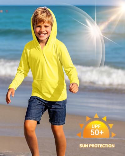 Image of Boys Rash Guard Long Sleeve Hoodie Swim Shirt with Pocket Youth Kids UPF 50+ Sun Protection Fishing Shirts Thumb Hole
