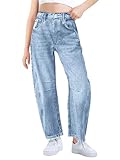 Haloumoning Girls Wide Leg Barrel Jeans Kids Fashion Elastic Waist Baggy Denim Pants with Pockets 5-14 Years Sky Blue
