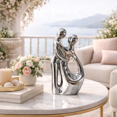 Image of Xtore Abstract Metallic Couple Ceramic Figurine for Modern Home Decor, Symbolic Love Sculpture