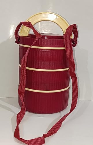 Image of Mario 3 Layer Tiffin Box, Red, Insulated Stainless Steel Lunch Box, BPA Free, Unbreakable Design with Strap Carrier (Colour May Vary).