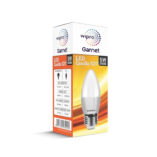 Image of wipro Garnet 5 W E27 Base Frosted Candle LED Bulb | Warm White (2700K) | Pack of 1 | Clear optics for sparkling effect | LED Filament Bulb for Home, office, chandellior, decorative lamp shade