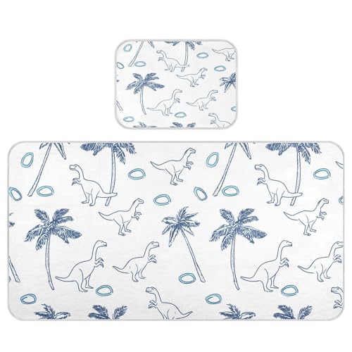 Bolaz Summer Sleeping Bed Pad, Blue Cartoon Dinosaur Pattern Cooling Mattress Set Breathable Bed Mat Ice Silk Mat + Pillow Cover for Toddler Boys Girls