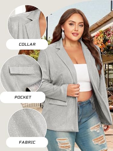 Theenkoln Womens Plus Size Blazer Sequin Collared Glitter Casual Open Front Button Down Disco Jacket Sliver2