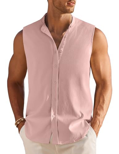 COOFANDY Men's Sleeveless Button Up Shirts Summer Beach Tank Top Collarless