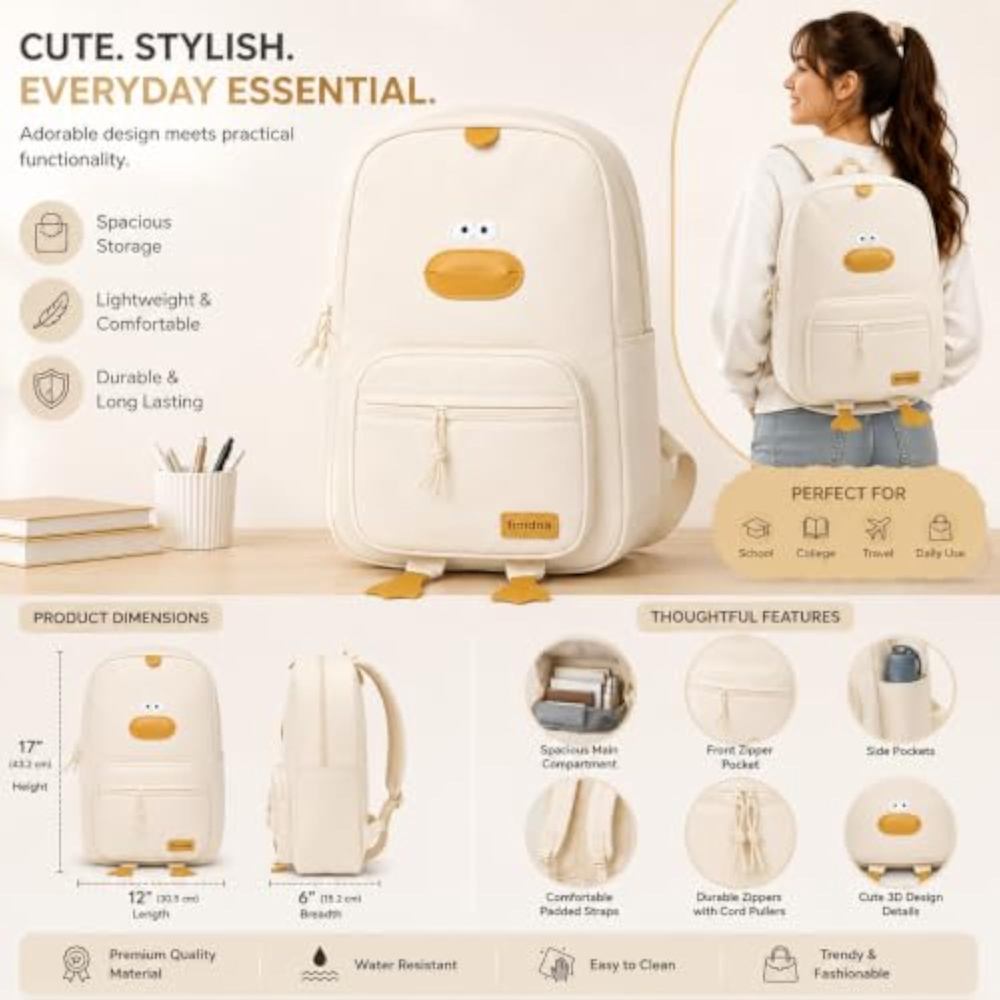 Stylish 17 Inch Water Resistant Backpack for Girls