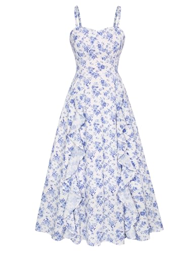 Image of Belle Poque Sun Dresses for Women Spring Summer Floral Midi Flowy Spaghetti Ruffle Wedding Guest Tea Party Dress