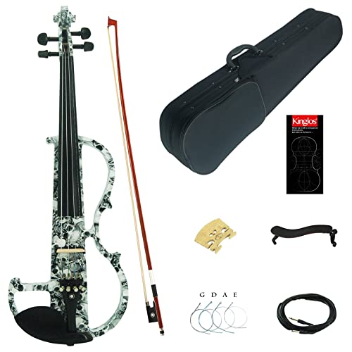 Kinglos 4/4 Black White Skull Colored Solid Wood Advanced Electric/Silent Violin Kit With Ebony Fittings Full Size (Dsg1312) #TOP6